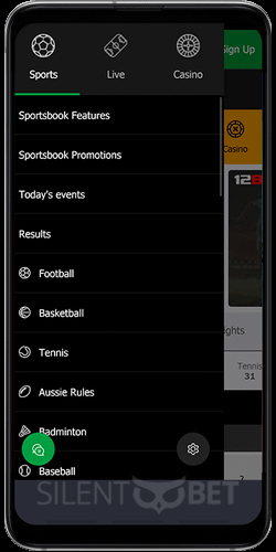 12Bet menu for Android