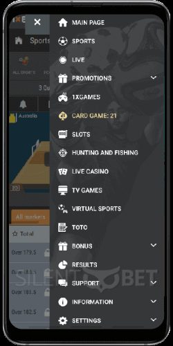 1xBit mobile menu thru Android