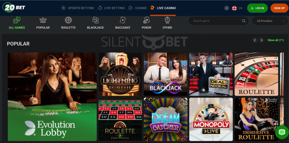20Bet Casino Live Dealer Games