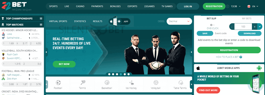 22bet homepage view