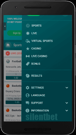 22Bet mobile menu for Android