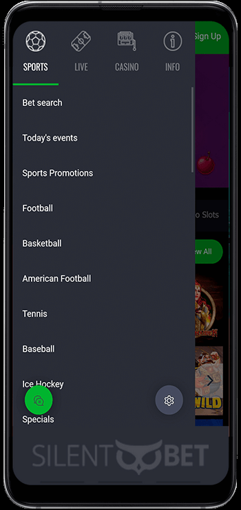 Bet90 mobile menu for Android