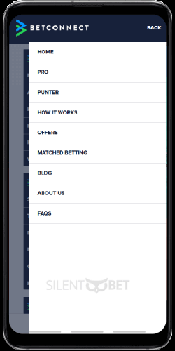 BetConnect mobile menu via Android