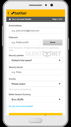 Betfair mobile registration thru Android