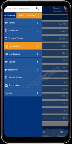 BetOn mobile menu via Android