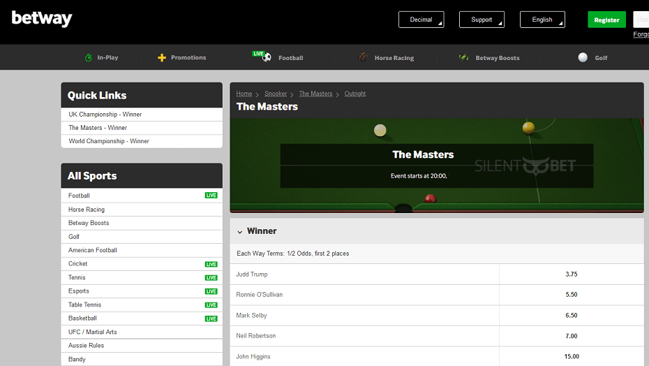Betway Masters Snooker betting