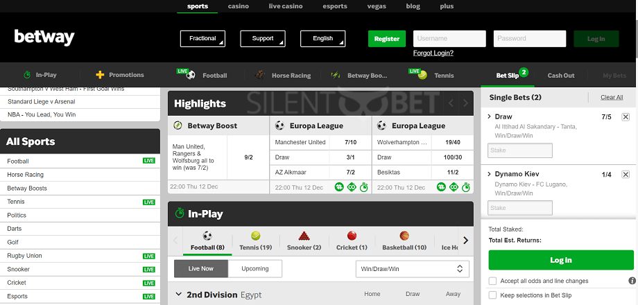 Sports section at Betway
