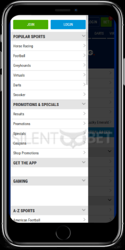 Boyle Sports mobile menu for iOS