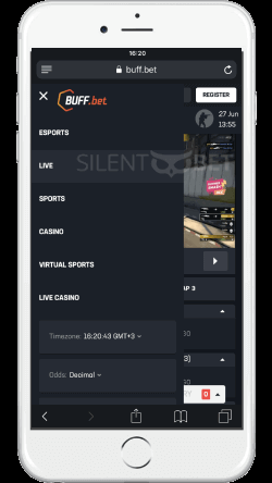 buffbet mobile menu on an iphone