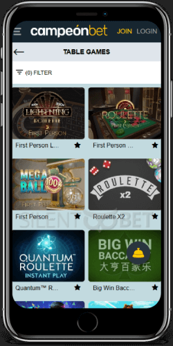 Campeonbet Casino Table Games on iOS
