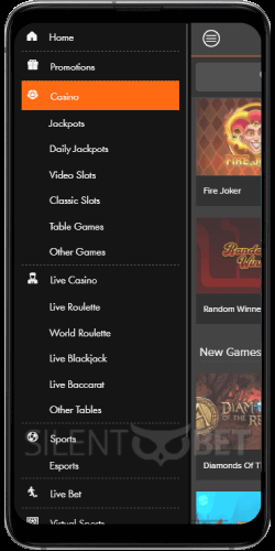 Casino Winner mobile navigation