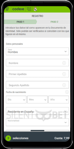 Codere mobile signup on Android
