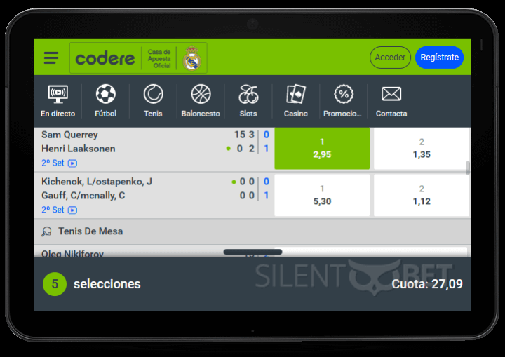 Codere mobile site on tablet