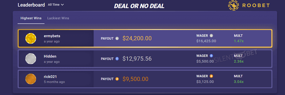 payouts at deal or no deal roobet
