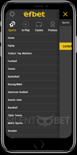 Main menu in Efbet's app for iOS