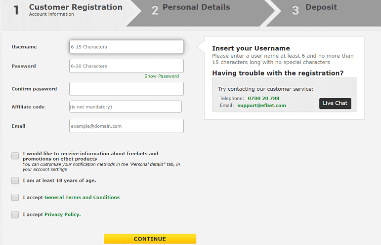 Registration form on Efbet's platform
