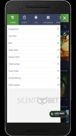 evobet mobile menu thru android phone