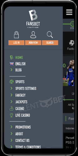 FansBet mobile menu thru Android