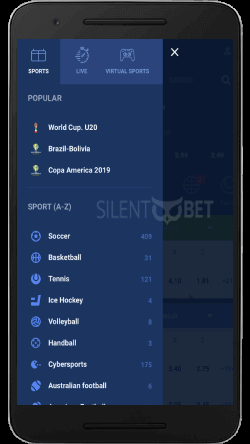 Mobile menus of Favbet for Android