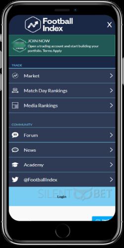 Football Index mobile menu on iPhone