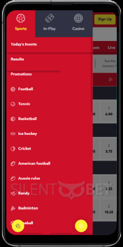 Funbet mobile menu on Android
