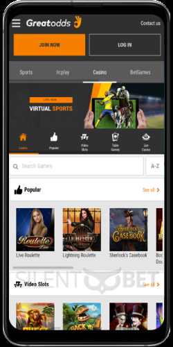 GreatOdds casino section on android