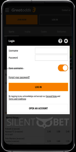 GreatOdds login page on android