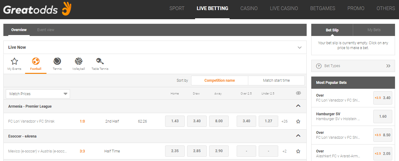 GreatOdds live betting