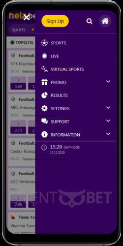 Helabet mobile menu on the Android app