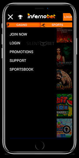 Infernobet mobile menu for iOS