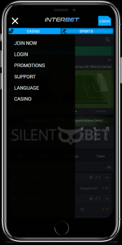 Interbet mobile menu iOS app