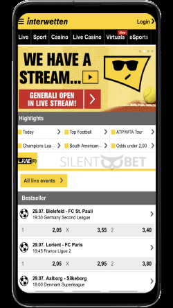Interwetten mobile in-play section thru Android