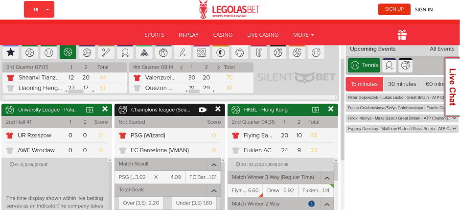 In-Play Section of Legolas.bet