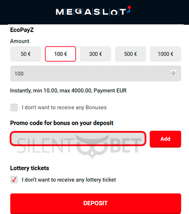 MegaSlot casino bonus code enter