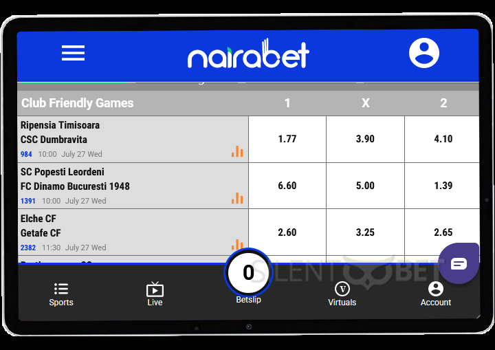 Nairabet mobile site version on tablet