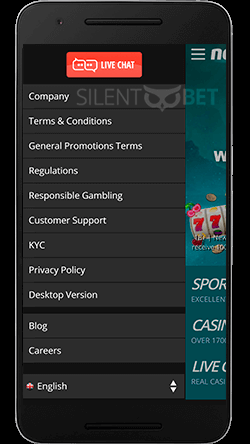 Novibet mobile menu for Android