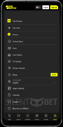 Parimatch mobile menu Android