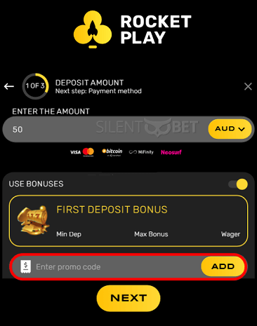 RocketPlay casino bonus code field