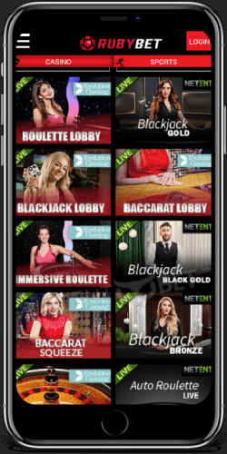 RubyBet mobile live casino on iPhone