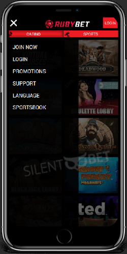 RubyBet mobile menu on iOS app