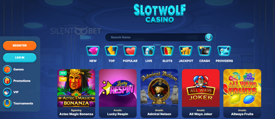 slotwolf casino menu and layout