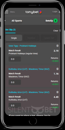 TonyBet mobile betslip on an iPhone