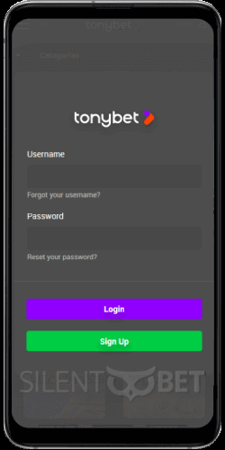 TonyBet mobile login page thru Android