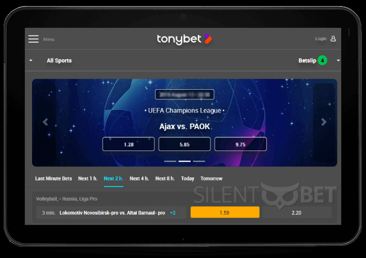 TonyBet mobile site version thru tablet