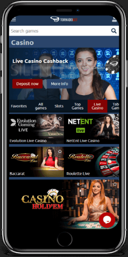 TornadoBet mobile live casino on iPhone