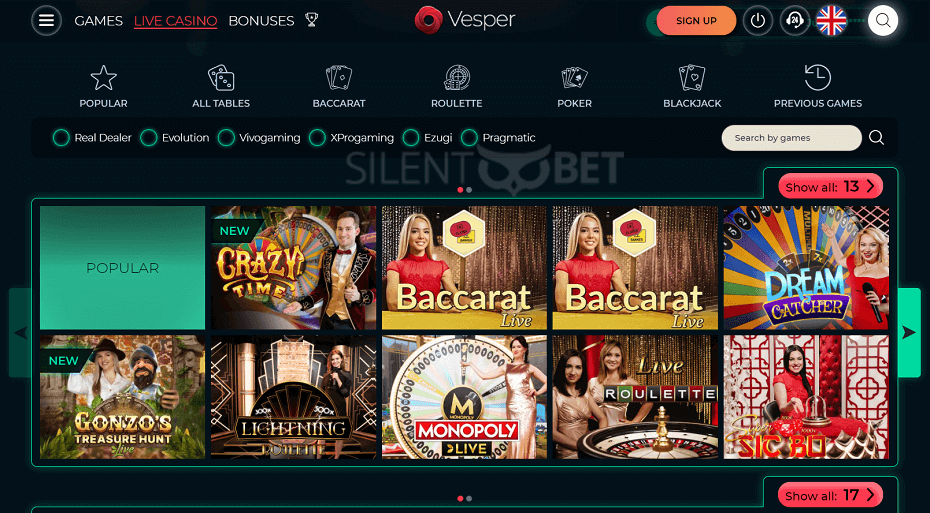 Vesper live casino games