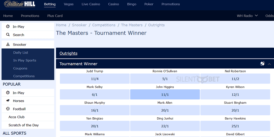 William Hill Masters Snooker betting